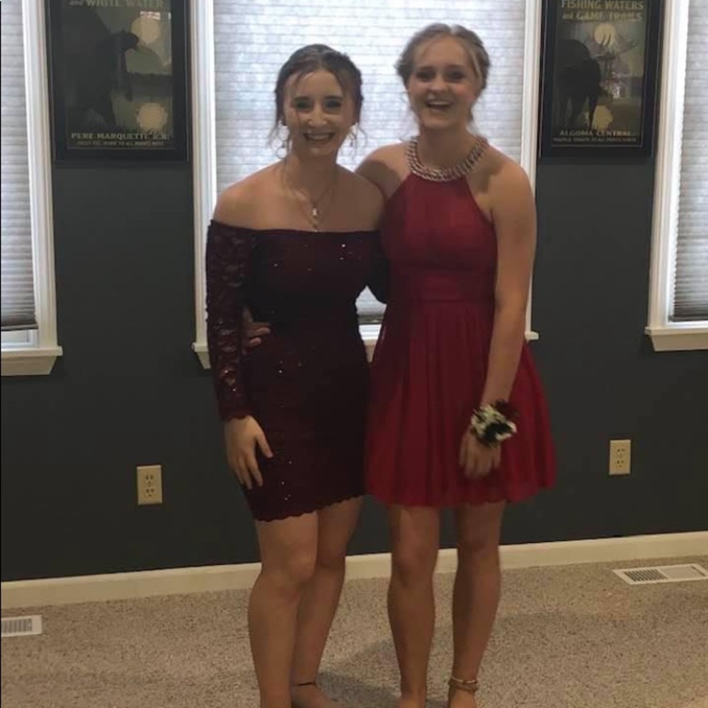 Dark red off shoulder fitted prom dress